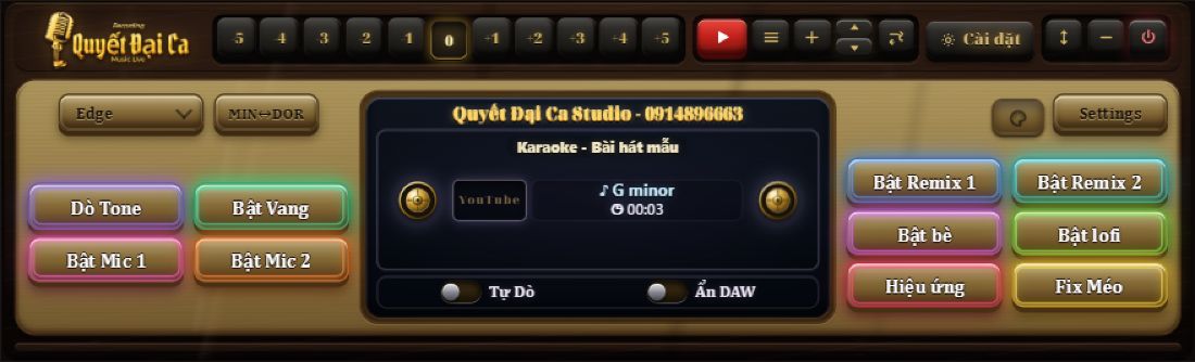 Giao diện QĐC Tools AI: dò tone, chỉnh key, bật vang, mic, remix, bè và hiệu ứng